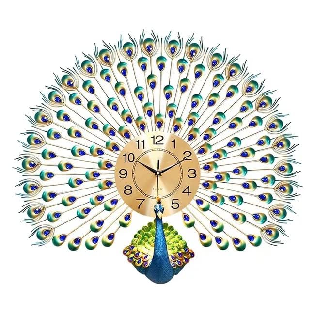 Image of Peacock European Style Luxury Living Room Analog Clock 3D Diamonds Non-Ticking Silent Creative Personality Metal Large Crystal Quartz Art Wall Decorative Clock (Blue Peacock Clock)