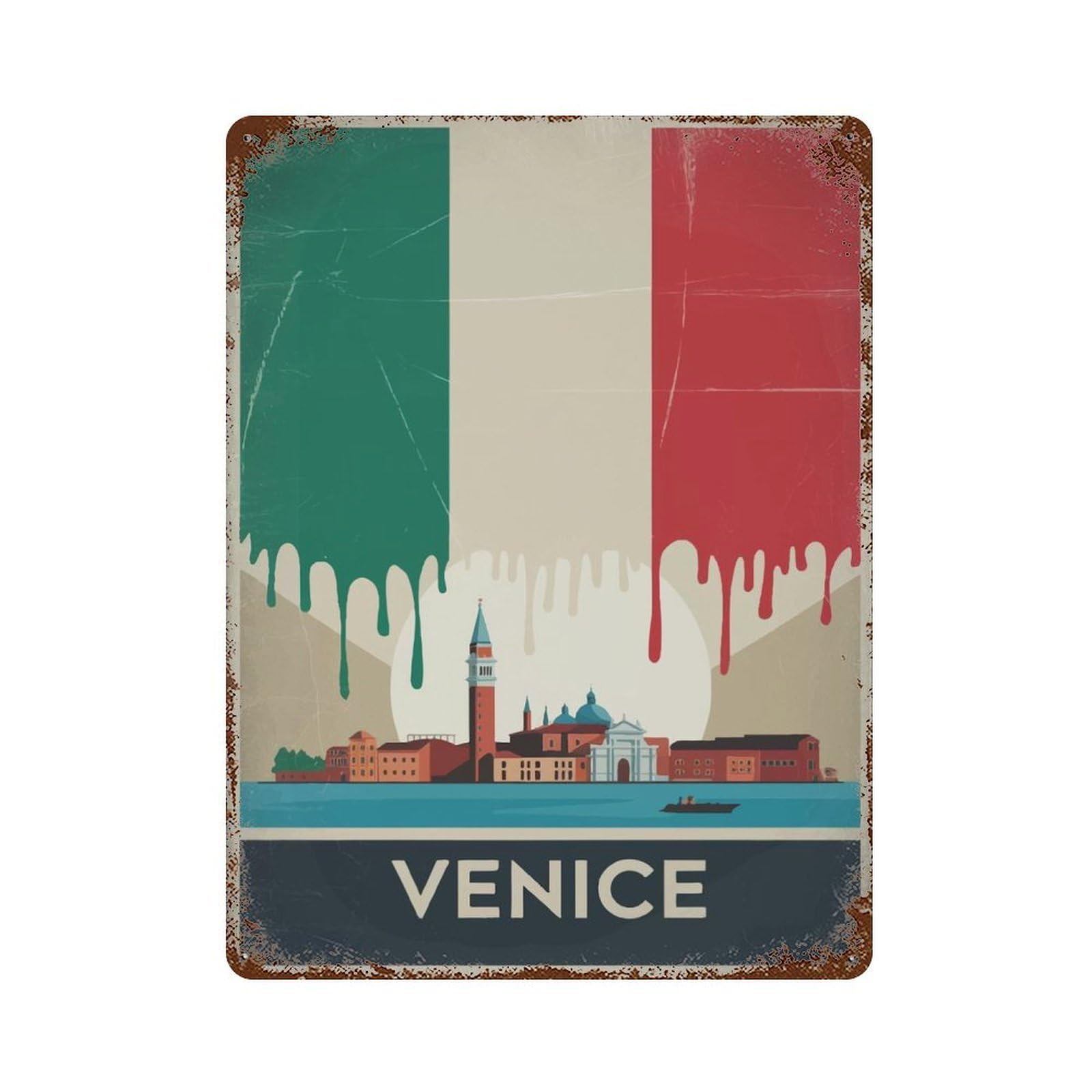 Venice Vintage Aged Metal Wall Plaque 15.7"x11.8", for Shed, Workshop And Garage Wall Decor, Old School Wall Decor