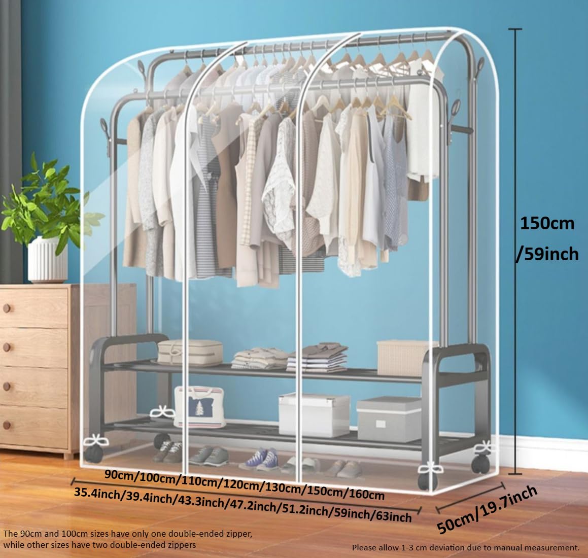 Transparente Staubschutzhülle für Kleiderstangen, Doppelstangen-Garderobenschutz für Schlafzimmer, geeignet für Mäntel, Anzüge und Kleider, wasserdichte, Wiederverwendbare Kleiderbügelhülle