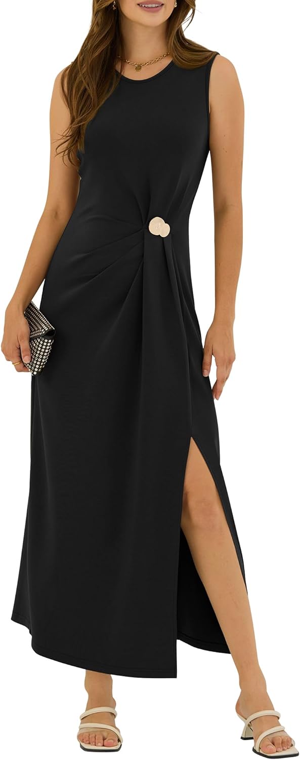 ZAFUL Women's 2026 Summer Ruched Casual A Line Maxi Dress Spring Sleeveless Split Elegant Cocktail Party Long Dresses