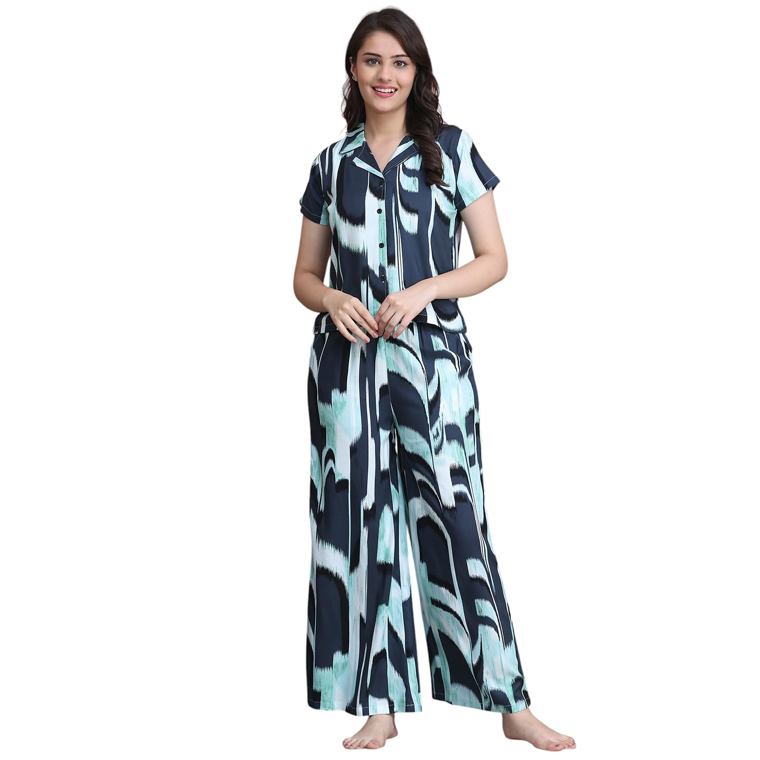 Short Sleeve Button-Down Jumpsuit, Navy Blue and Mint Abstract Print, Collared Loungewear-image-35