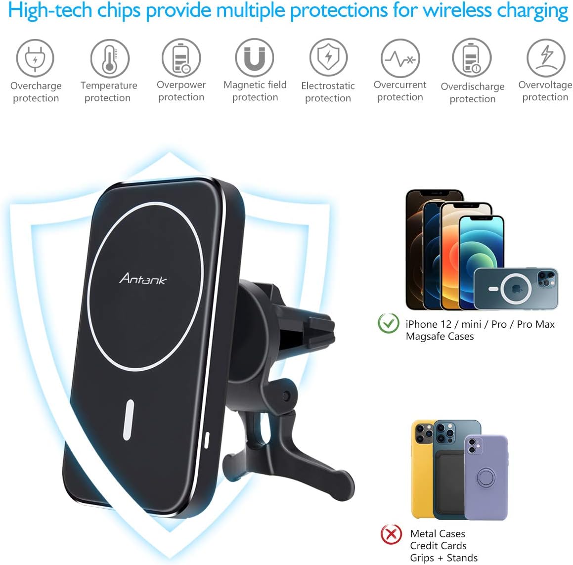 Antank Magnetic Wireless Car Charger Mount Compatible with iPhone 12/12 Pro/12 Pro Max/12 Mini, Fast Charge Auto-Alignment Car Charger Holder with 3 Transparent Magnetic Cases