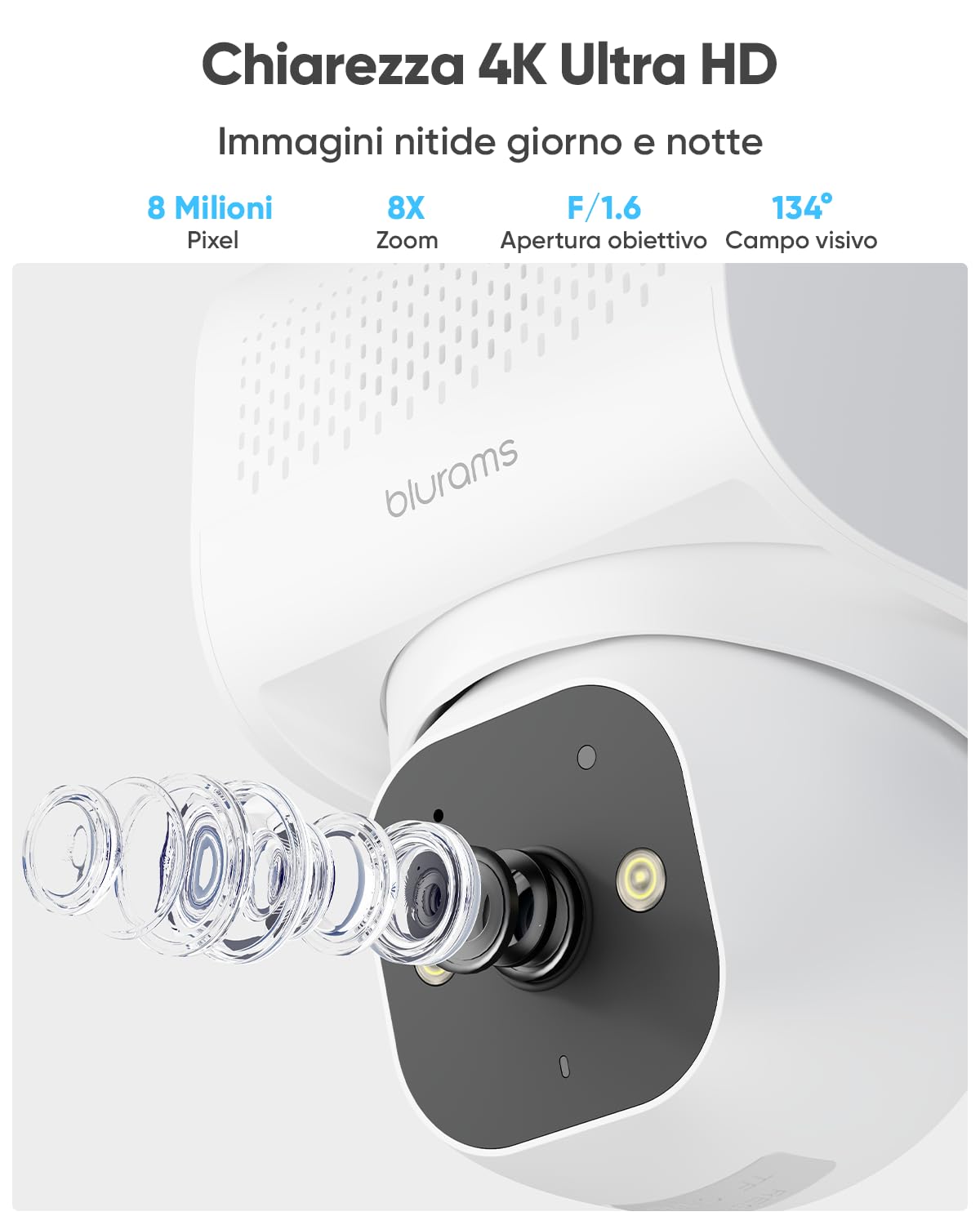 blurams 4K Telecamera WiFi Esterno Senza Fili Solare h24 | 8MP, Batteria 12000mAh con pannello 5W, Registrazione 24/7, Wi-Fi 6 Dual-band 2,4 GHz & 5 GHz, 360 gradi, IP66 Impermeabile