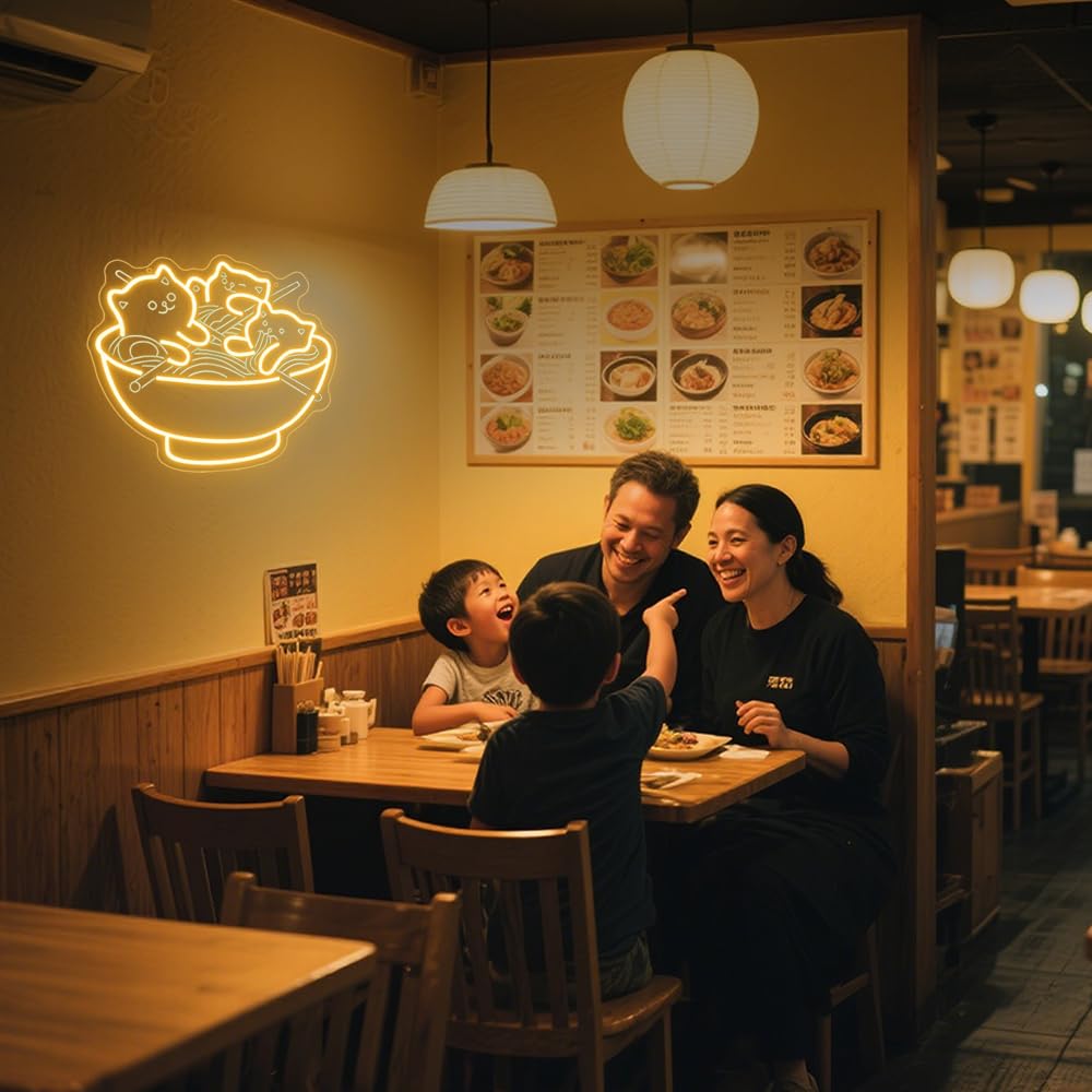 Światła LED z motywem kota, ramen, kawaii, anime, podświetlany znak do restauracji, domu, baru, kuchni, sypialni, japońskiego sklepu, makaronu, ściemniany, neonowy, prezent dla miłośników kotów