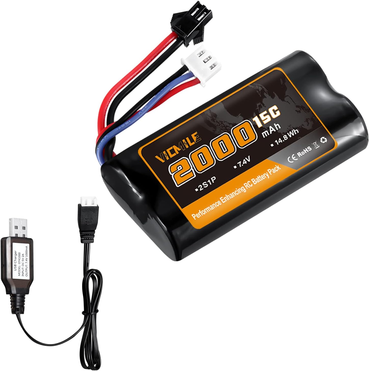 7.4V Li-ion Battery 2000mAh 2S Battery with SM 2P Plug High Capacity Rechargeable Battery with 1 USB Charger for RC Car RC Boats H101 Battery 1 Pack