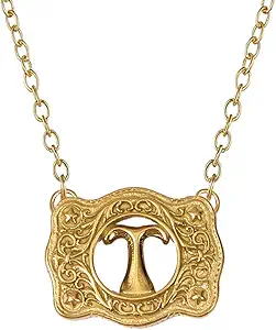 14K Gold Belt Buckle Necklace Western Style Initial Letter Pendant Necklace, Decorative Belt Buckle Frame Design