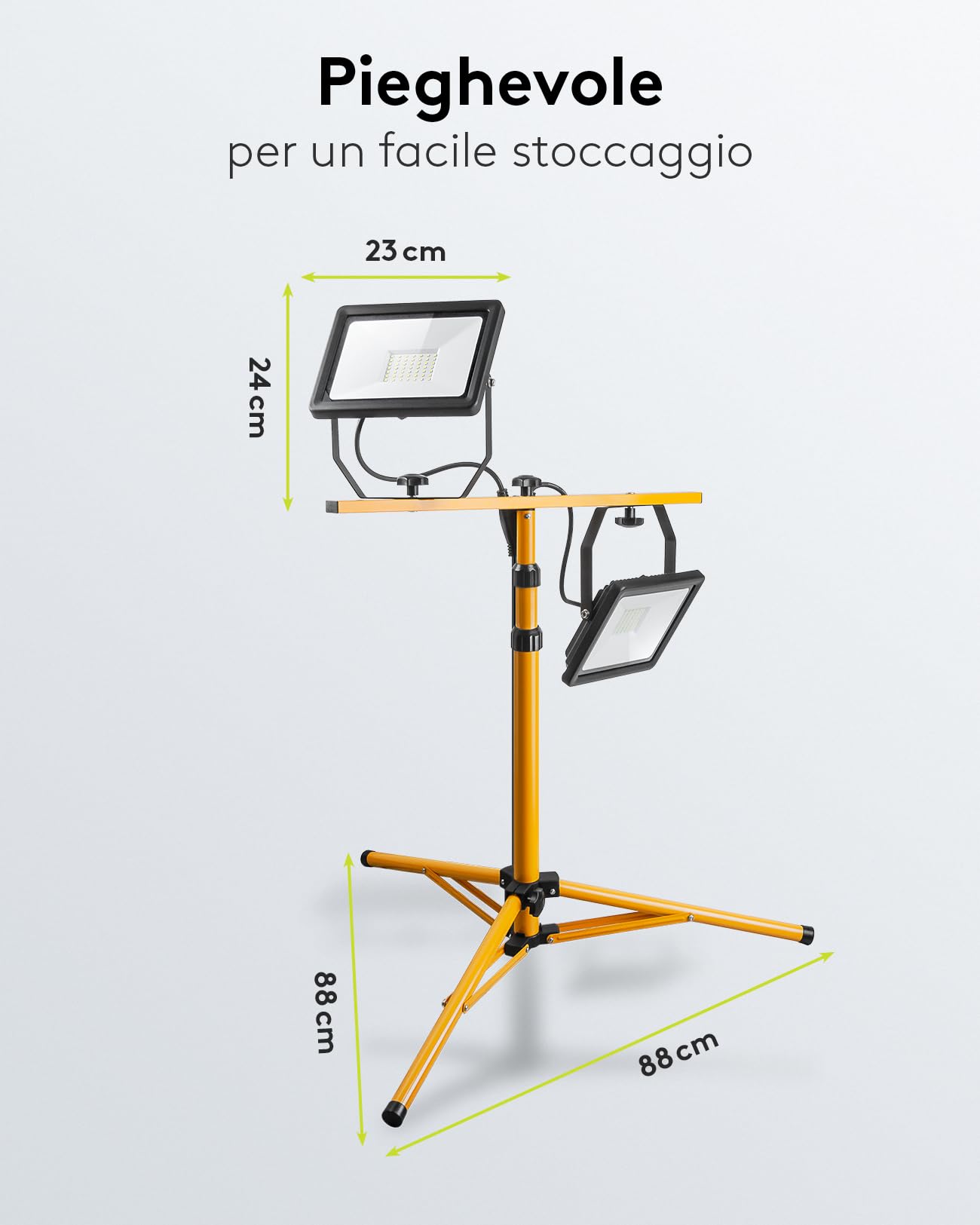goobay 49984 Faretto LED da Cantiere telescopico, Doppia Testa, per Interni ed Esterni, treppiedi in Metallo, Luce Bianca Fredda, Giallo, 2x 50W