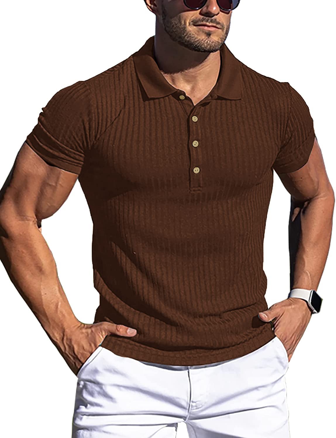 LOGEEYAR Men's Slim Fit Muscle Polo Shirts - Short Sleeve Ribbed Stylish Tees for Casual Everyday Wear
