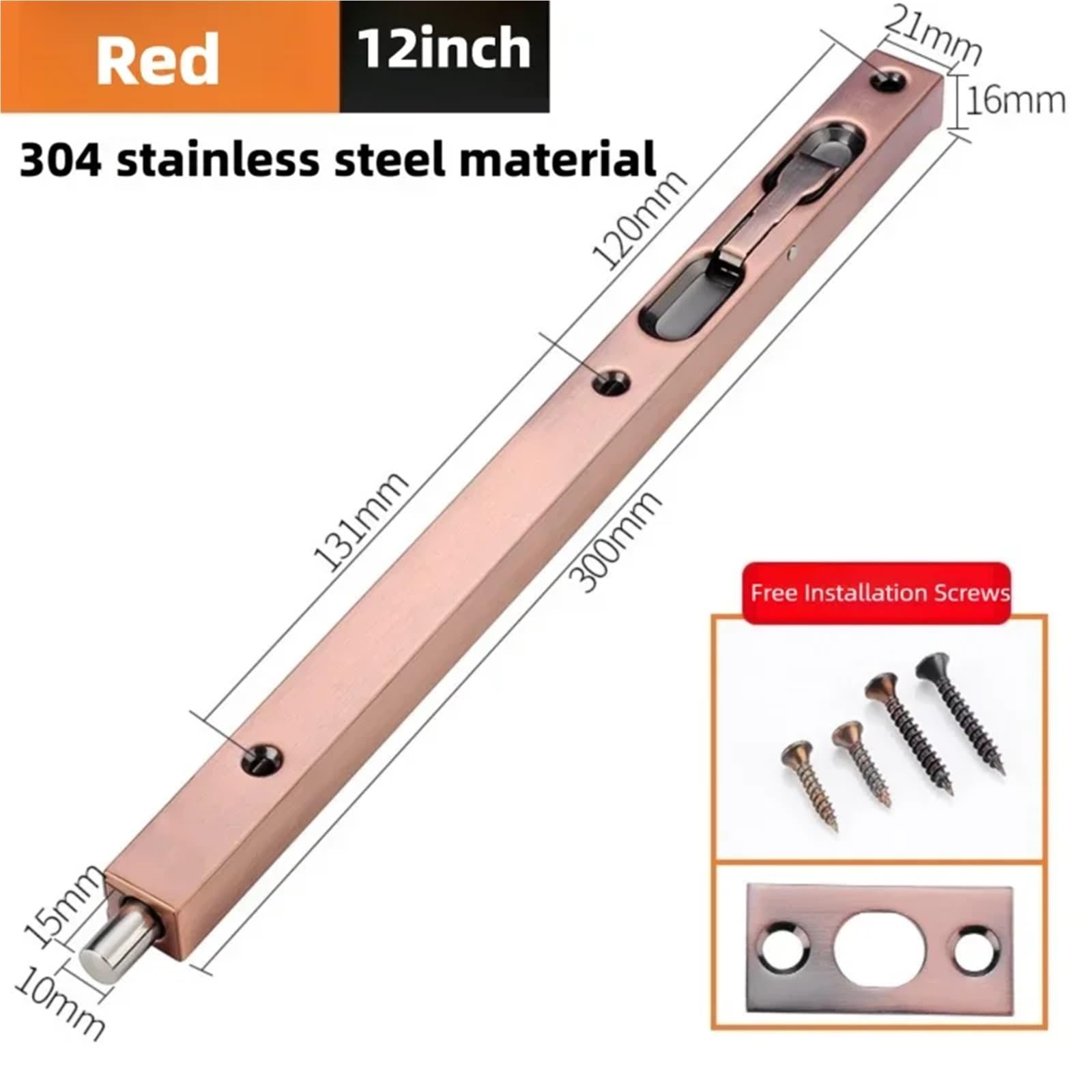 Perno empotrado para puerta doble, 4 juegos de pestillo de acero inoxidable 304 de montaje abierto, puertas de madera y ventanas, pasador de puerta antirrobo (rojo, 12 pulgadas)