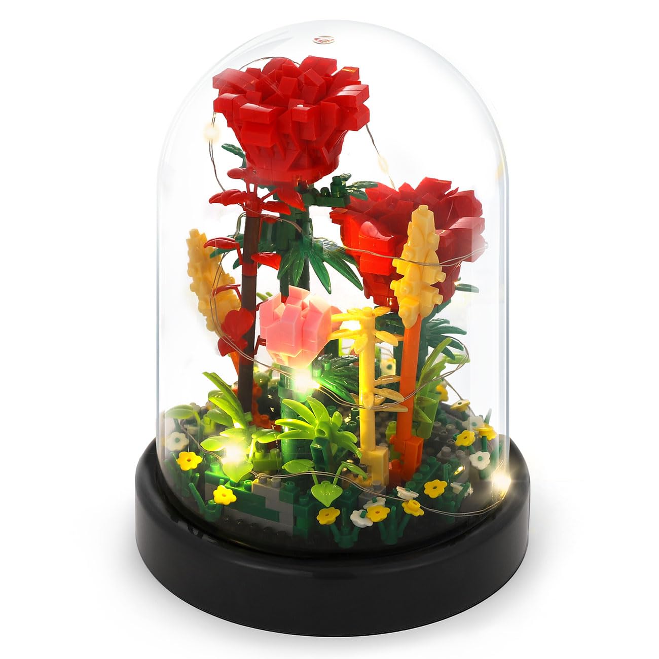 Emibele Conjunto de Bloques de Construcción de Rosa Roja, Bloques de Construcción de Ramo de Flores Artificiales con Guardapolvo, Juego de Bloques de Flores Luminosos para Decoración del Hogar, 593Pcs