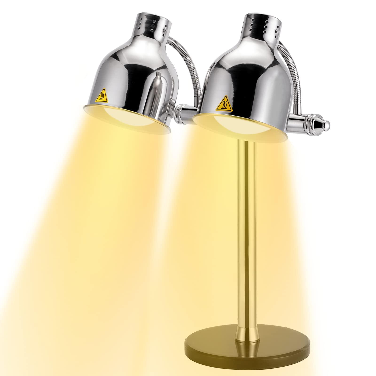 Commercial Dual Head Food Heat Lamp Adjustable Stainless Steel Head with Marble Base 2 Heating Bulbs for Food Heating Warmer Light Lamp for Food Service Heat Lamp