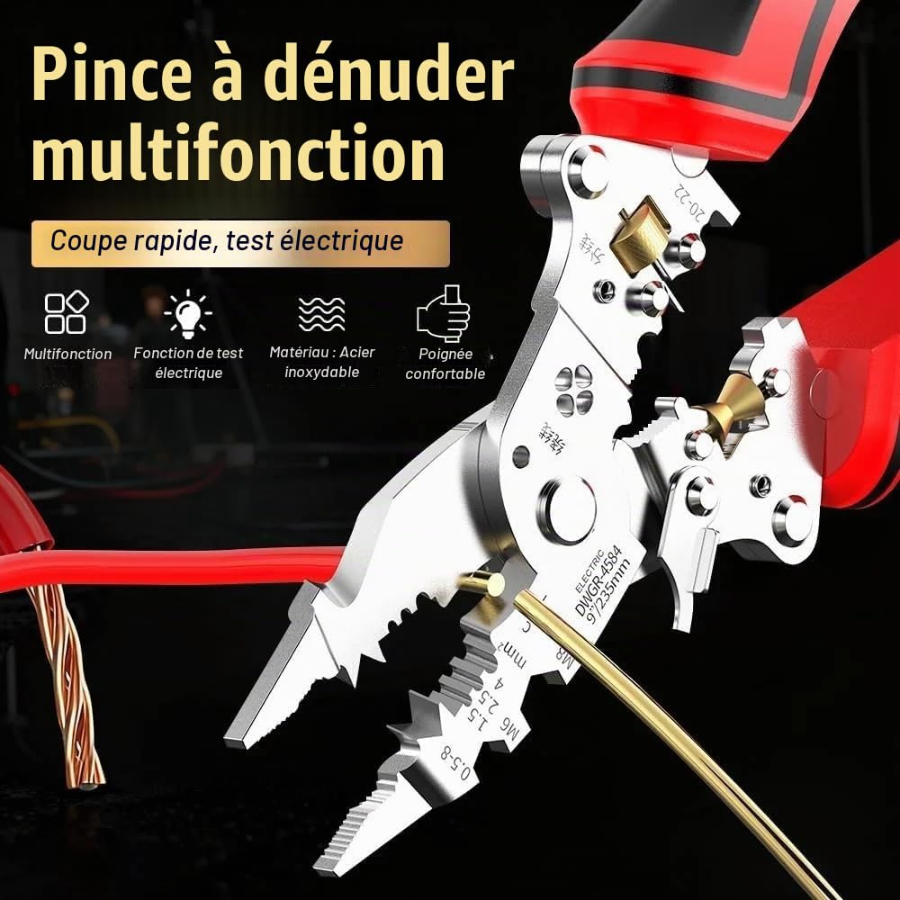 Pince à dénuder et torsadeuse 16 en 1 avec testeur de tension (12-250 V), pince à dénuder multifonctionnelle pour couper, tirer et sertir les fils, outil d'électricien pliable pour réparation