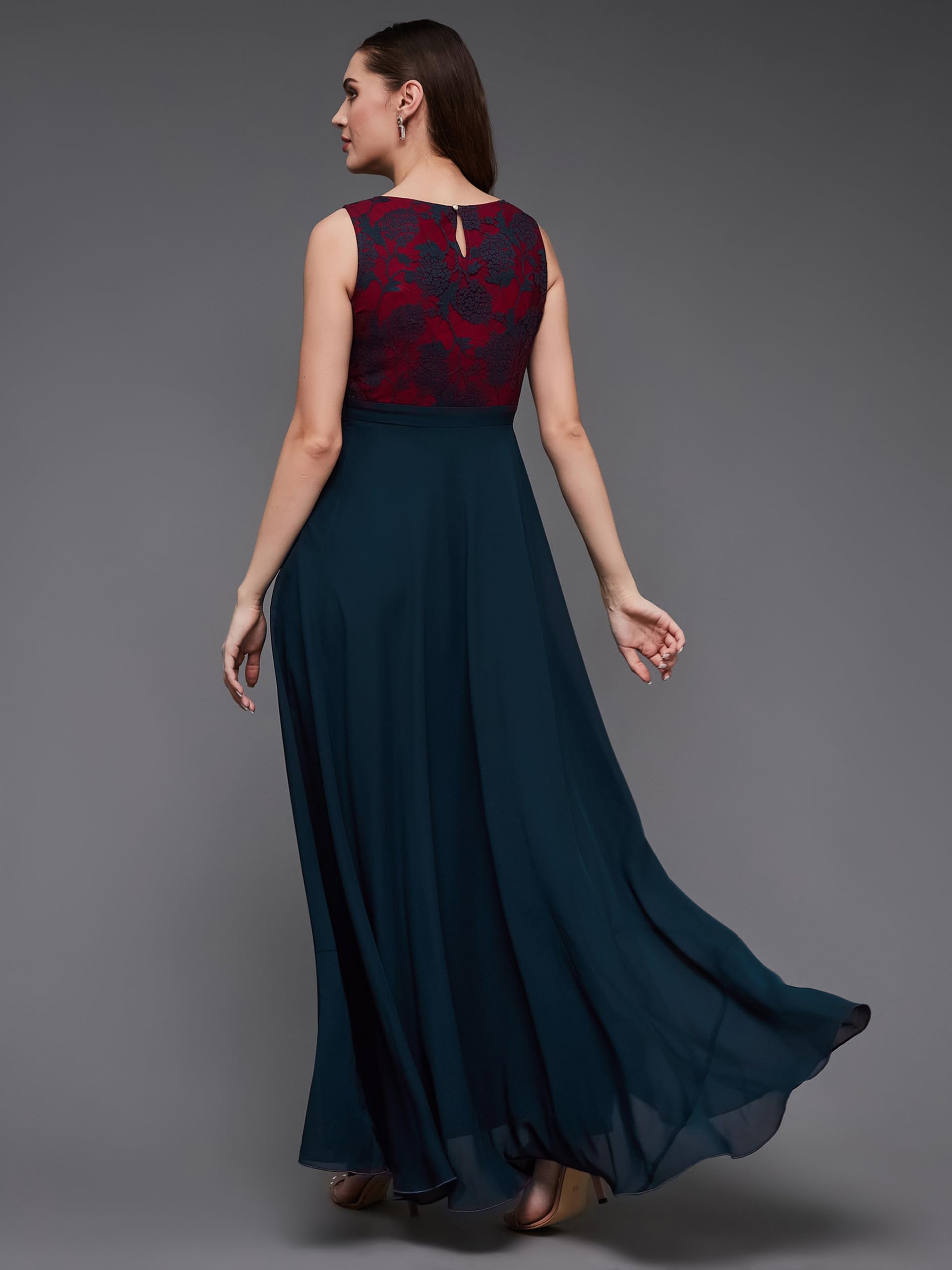 Miss Chase Women's Round Neck Sleeveless Georgette Floral Lace Fit & Flare Maxi Dress Teal