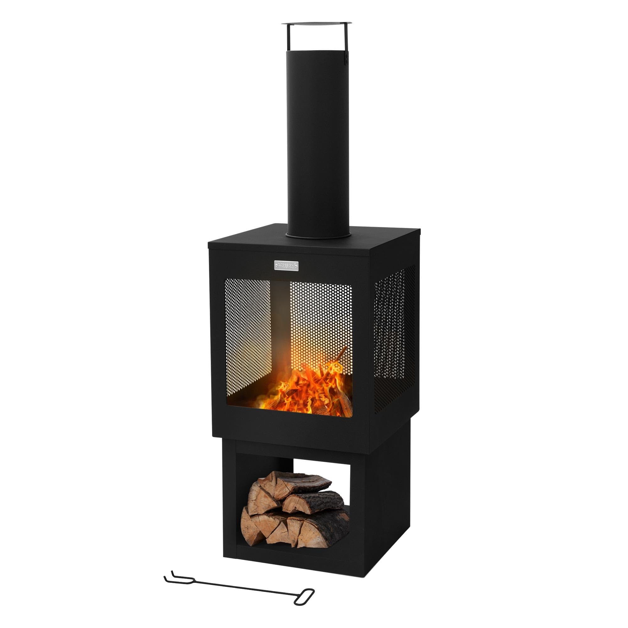 ML-Design Chimenea de Jardín 128 x 40 cm Cuadrada de Acero Negro, Estufa de Terraza para Exterior con Atizador, Techo Desmontable y Compartimento para Leña, Fogata Brasero Hoguera para Camping