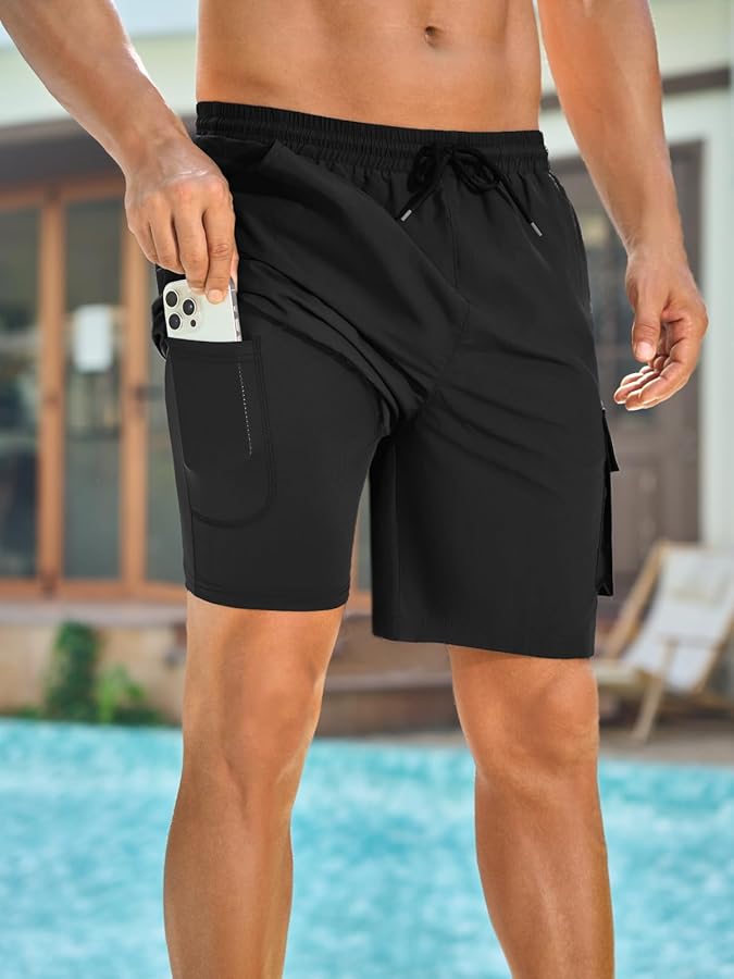 INCERUN Men's Swim Trunks with Compression Liner 2 in 1 Board Shorts Quick Dry Bathing Suit Swimsuit Swimming Trunks for Men Long Swim Shorts with Pockets Black Medium - image 2