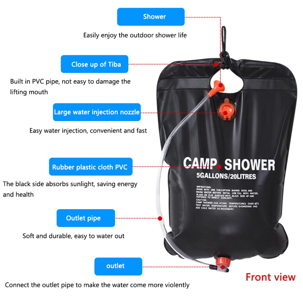 Sac De Douche Solaire Camping 20L / 5 Gallons | Portable Avec Pomme De Douche Et Tuyau | Noir