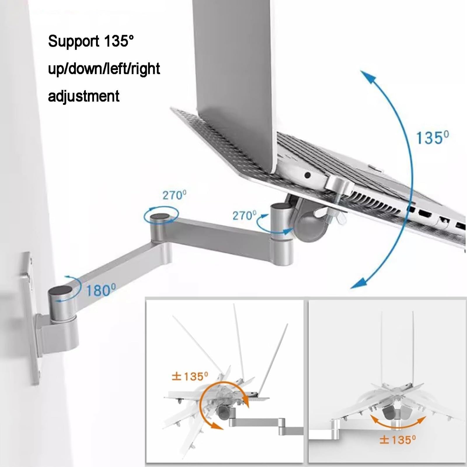 Soporte de pared para laptop, soporte ajustable con bandeja para mouse, rotación multiángulo, plataforma de refrigeración ventilada, capacidad de peso de 8 kg para oficina y estación de trabajo