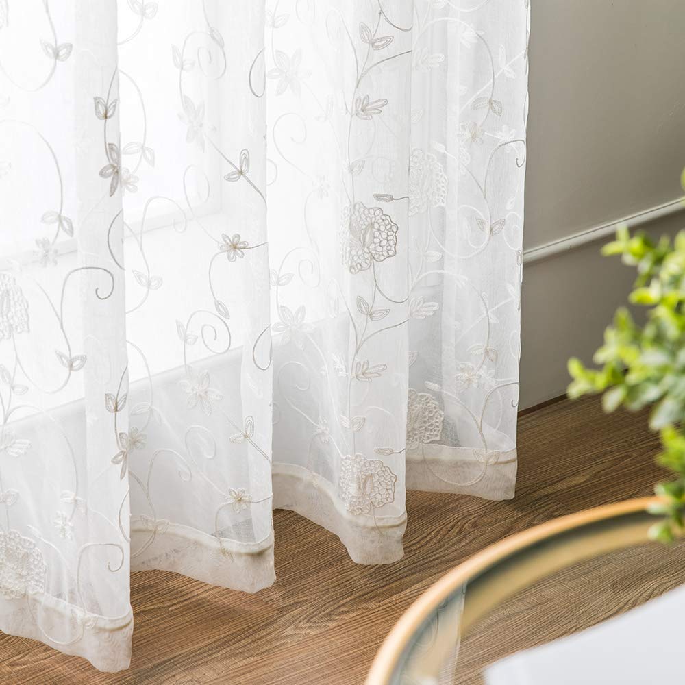 MIULEE Lot de 2 Voilage Fenêtre Broderie Fleur Oeillets 140x225cm Blanc | Voilage fenêtre polyester brodé à oeillets, décoration légère adaptée au salon et chambre