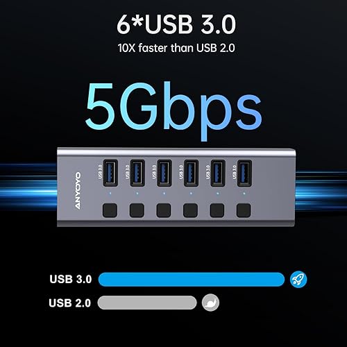 Miniatura 5 de Hub USB alimentado con lector de tarjetas TFSD, concentrador USB 3.0 de 8 puertos con 6 puertos de datos USB 3.0, derramador USB con interruptores