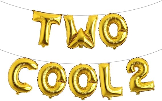 16 inch TWO COOL Letter Foil Balloons, Multicolor Letter Foil Balloons for Baby Shower Second Birthday Baby Show 2st Party Supplies Decorations TWO COOL 2 Gold