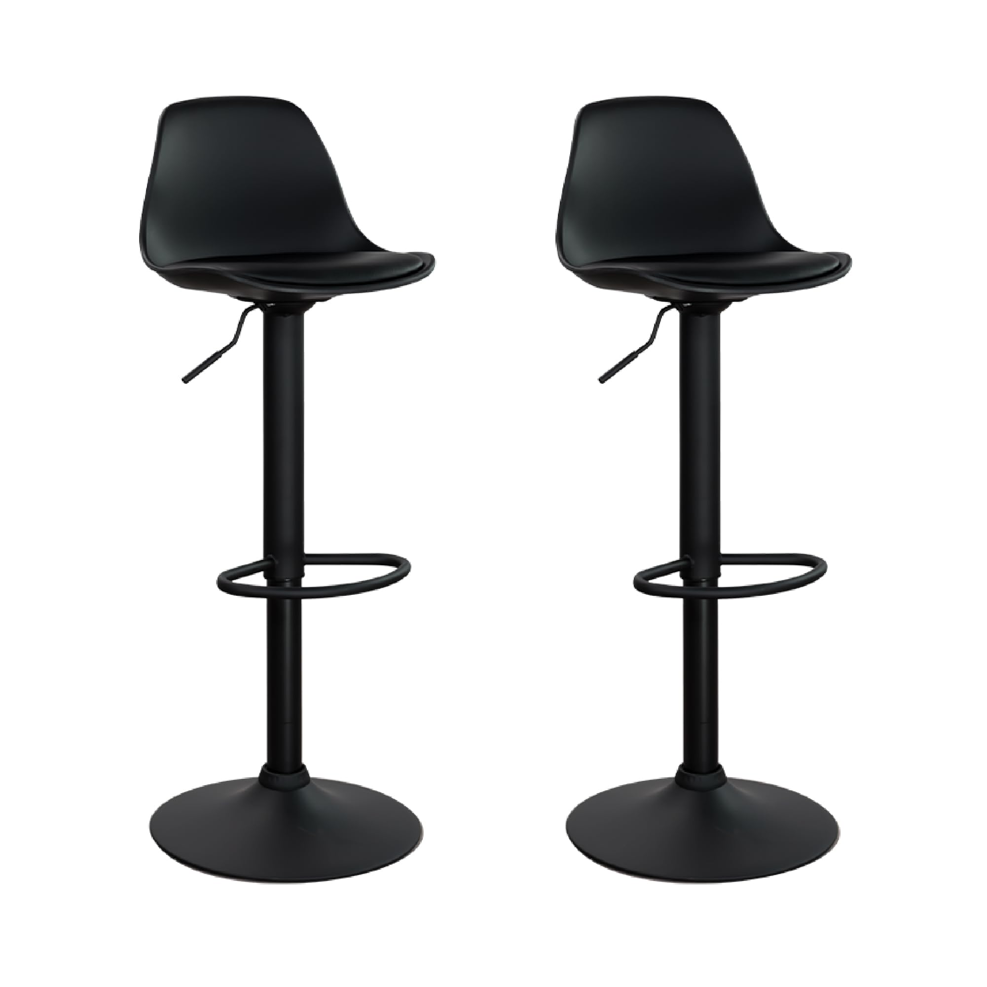 Vaukura Juego de 2 Taburetes de Bar Regulables en Altura con pistón de Gas | Taburete de Cocina con Asiento Acolchado de Polipropileno Negro | Base metálica lacada Negro Mate con reposapiés
