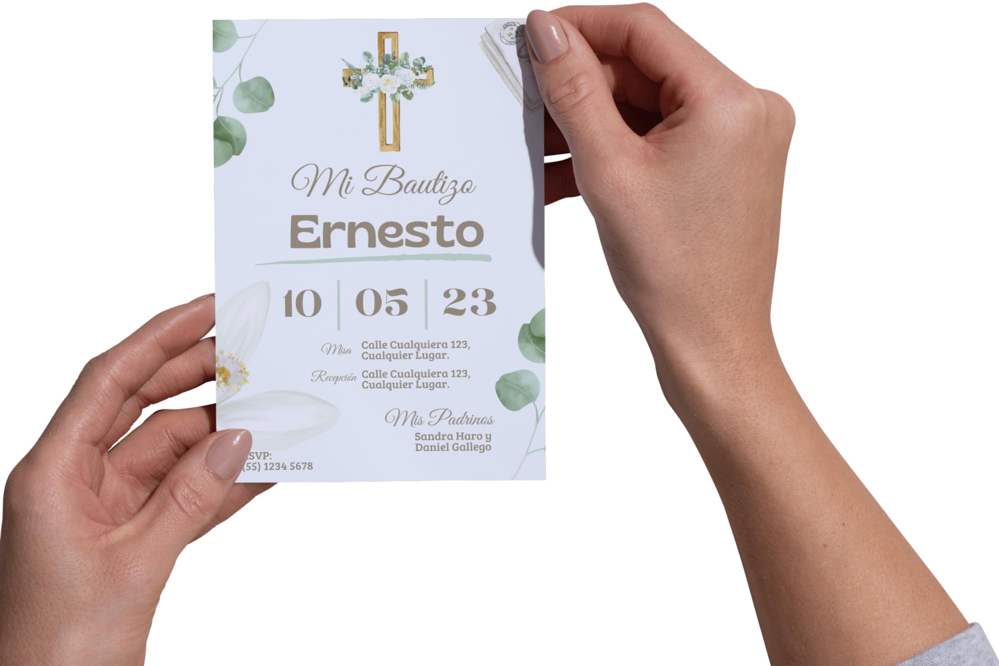 Invitaciones Bautizo Niño A6 – Pack 16/24/32 – Diseño Cruz Dorada con Flores – Tarjetas Bautizo Elegantes con Sobres y Cuerda de Yute – Invitaciones Personalizadas Premium