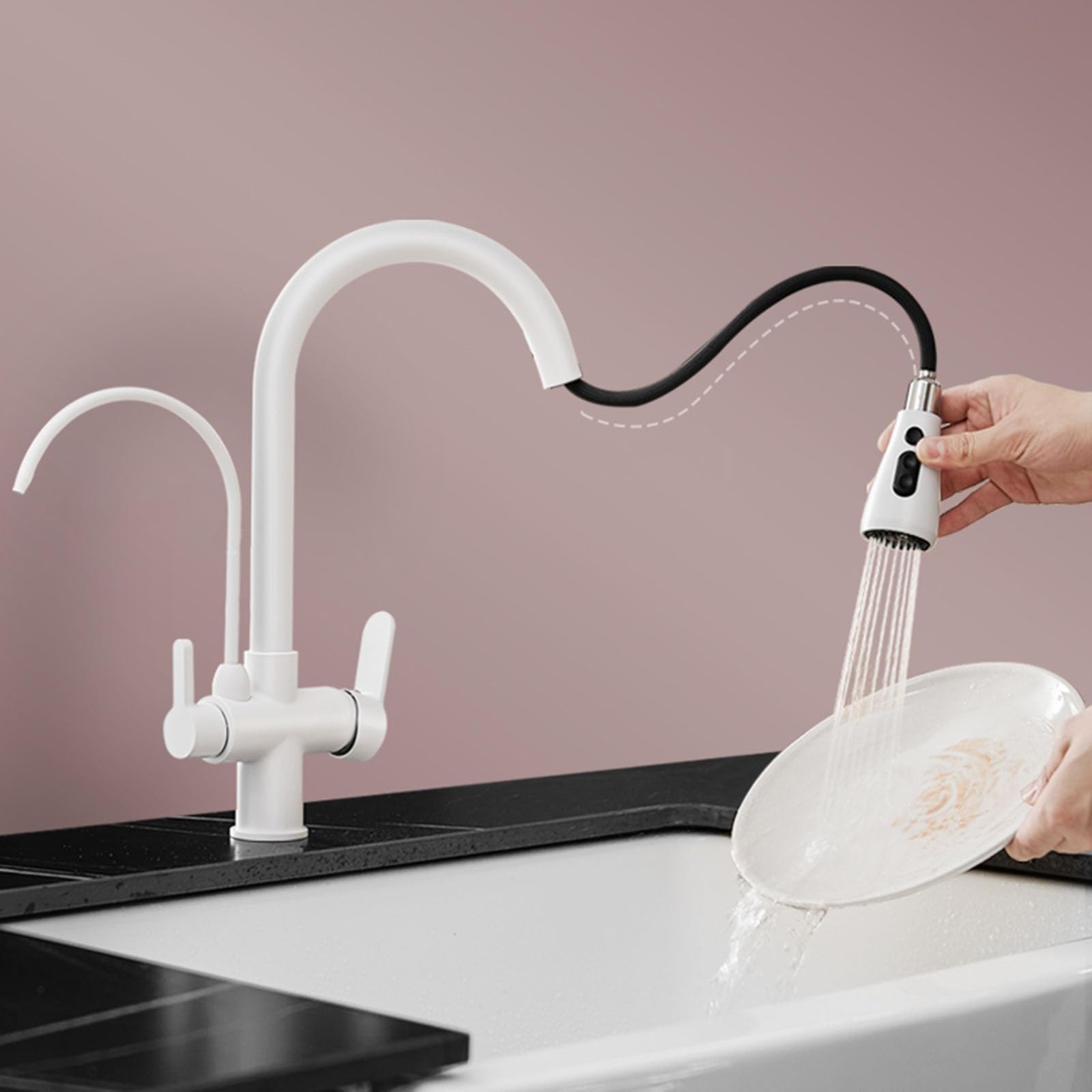 Grifo de Cocina de 3 vías, Grifo de Cocina Blanco extraíble, Grifo Giratorio de latón para Fregadero de Cocina, 3 vías, Blanco Enterprise