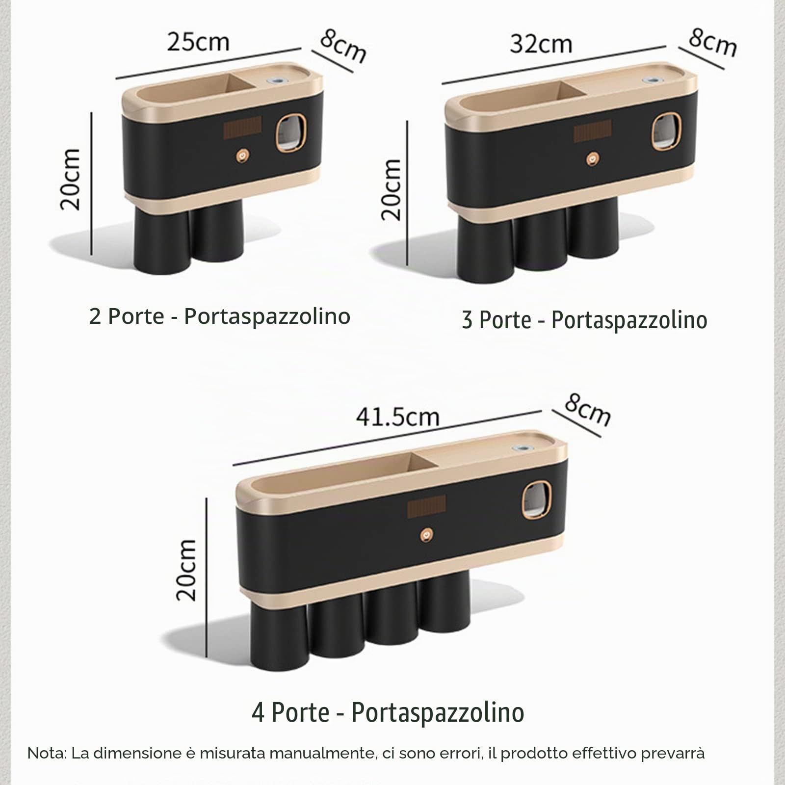 Portaspazzolino elettrico con sterilizzatore UV - A parete, ricaricabile, distributore automatico di dentifricio - Nero - Protegge e igienizza gli spazzolini - Ideale per doccia, bagno - Include 4