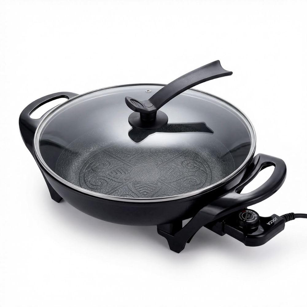 Jocca-Wok Eléctrico Multifunción 32 cm con Tapa de Cristal, Revestimiento Cerámico Antiadherente, Termostato Ajustable, 1600W, Ideal para Saltear, Freír y Cocinar al Vapor