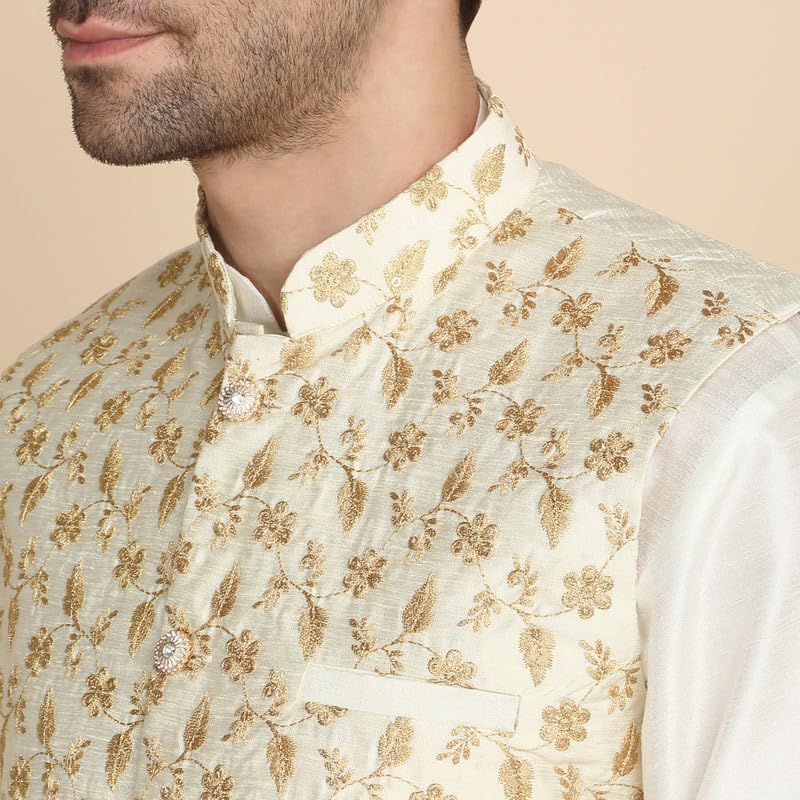 Image of KRAFT INDIA Men's Stylish Silk Kurta with Churidar & Nehru Jacket Set