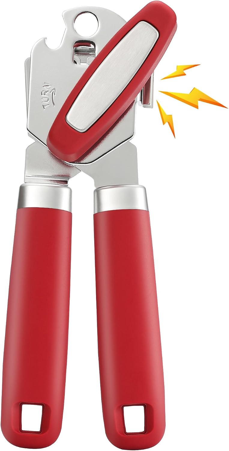 Vayvnt Manual Can Opener Smooth Edge with Magnet & Bottle Opener, Red