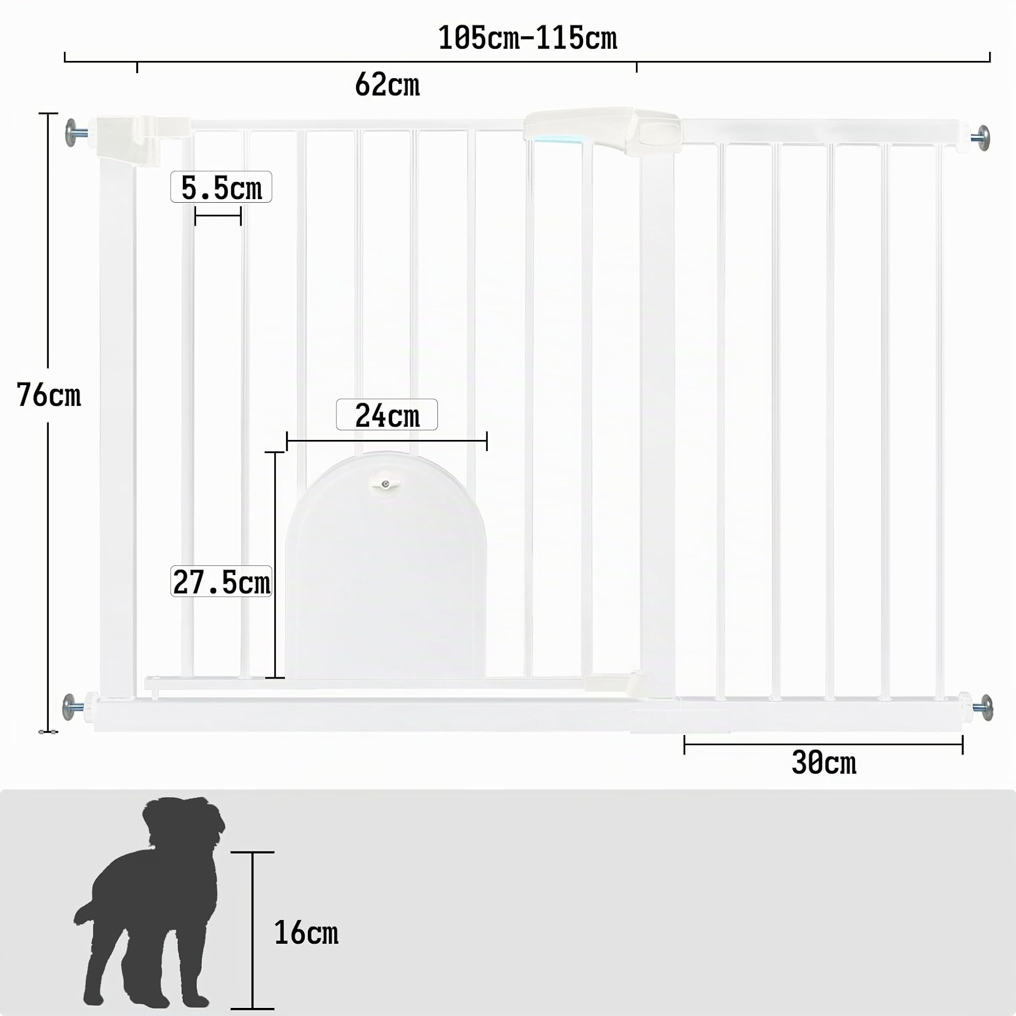 Froadp Türschutzgitter 105-115 cm ohne Bohren mit Haustiertür, Weiß