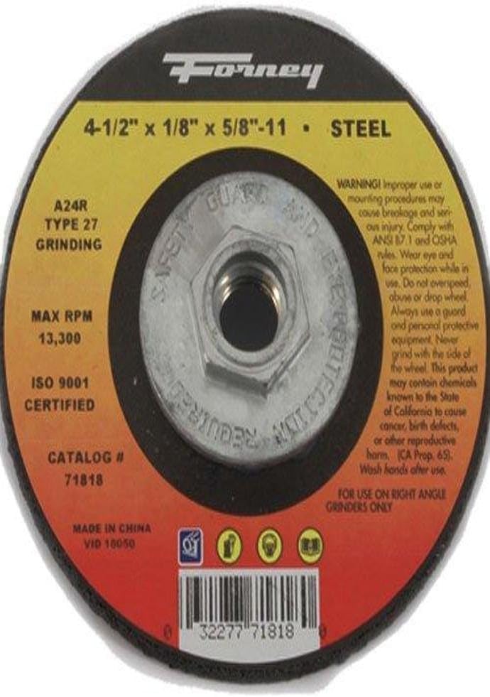 Forney 71818 Grinding Wheel with 5/8-Inch-11 Threaded Arbor, Metal Type 27, A24R, 4-1/2-Inch-by-1/8-Inch