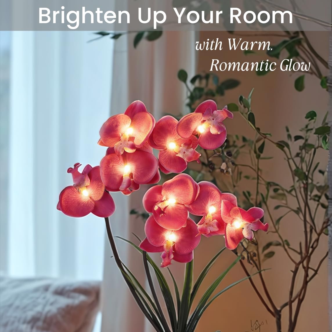 HOMESEASONS Orchid Lamp-LED Lighted Orchid Arrangements,Pre Lit Artificial Orchid,Light Up Flower Lights, Faux Orchid Phalaenopsis Arrangement (Purple)