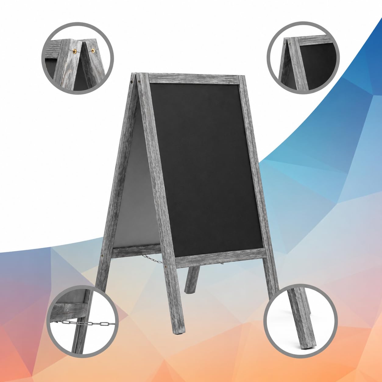 MG Design chevalet ardoise en bois peint en gris 60 x 120 cm – recto verso, pliable et effaçable – panneau publicitaire A-frame pour restaurant, commerce et événements