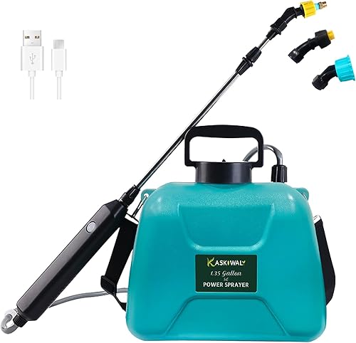 Pulverizador de jardín alimentado por batería con 3 boquillas de niebla, pulverizador de agua de césped de 1.35 galones con mango recargable USB y