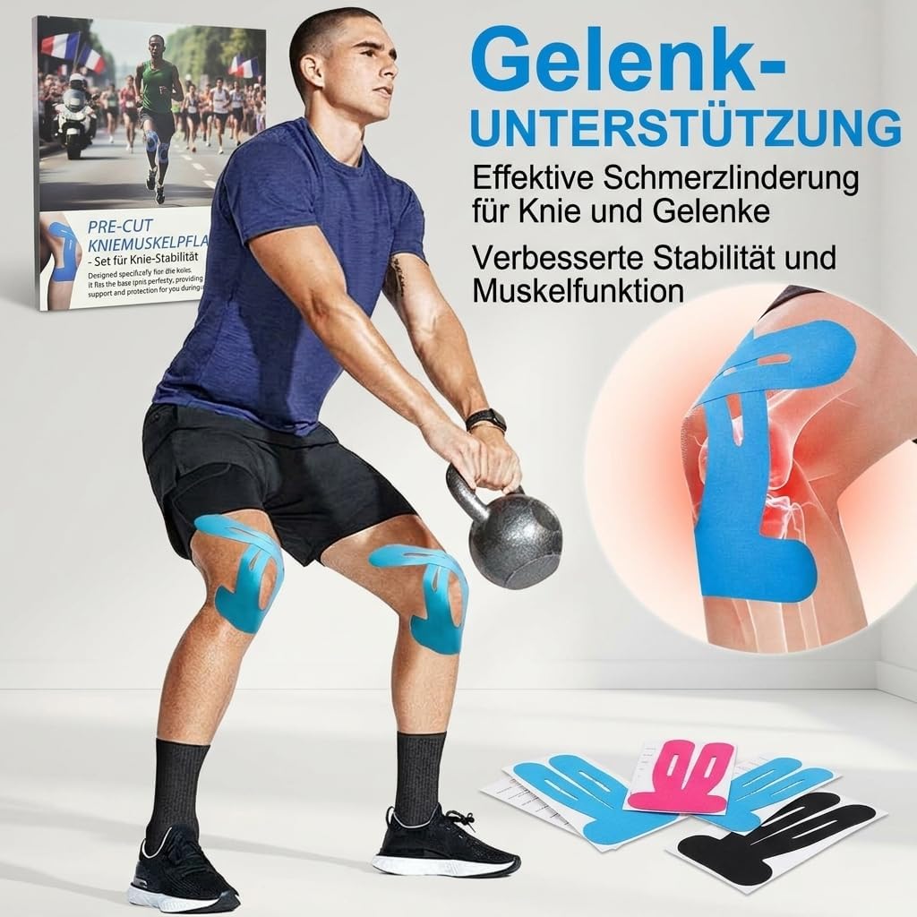 Tapex Kniegelenk vorgeschnittenes Kniemuskelband, professionelle Sport-, Lauf- und Fitness-Stützbandage für Sportler, 10 Stück, Schwarz (Blau) - 3