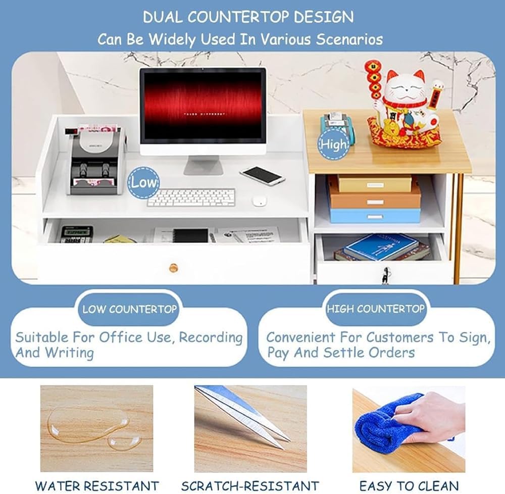 Bancone Reception Ufficio con Cassetti e Serratura, Banco Cassa per Negozio Abbigliamento, Pasticceria, Frutteria, Centro Estetico, Salone di Bellezza, Hotel, Supermerc(Size:100x40x90cm(39x16x35inch))