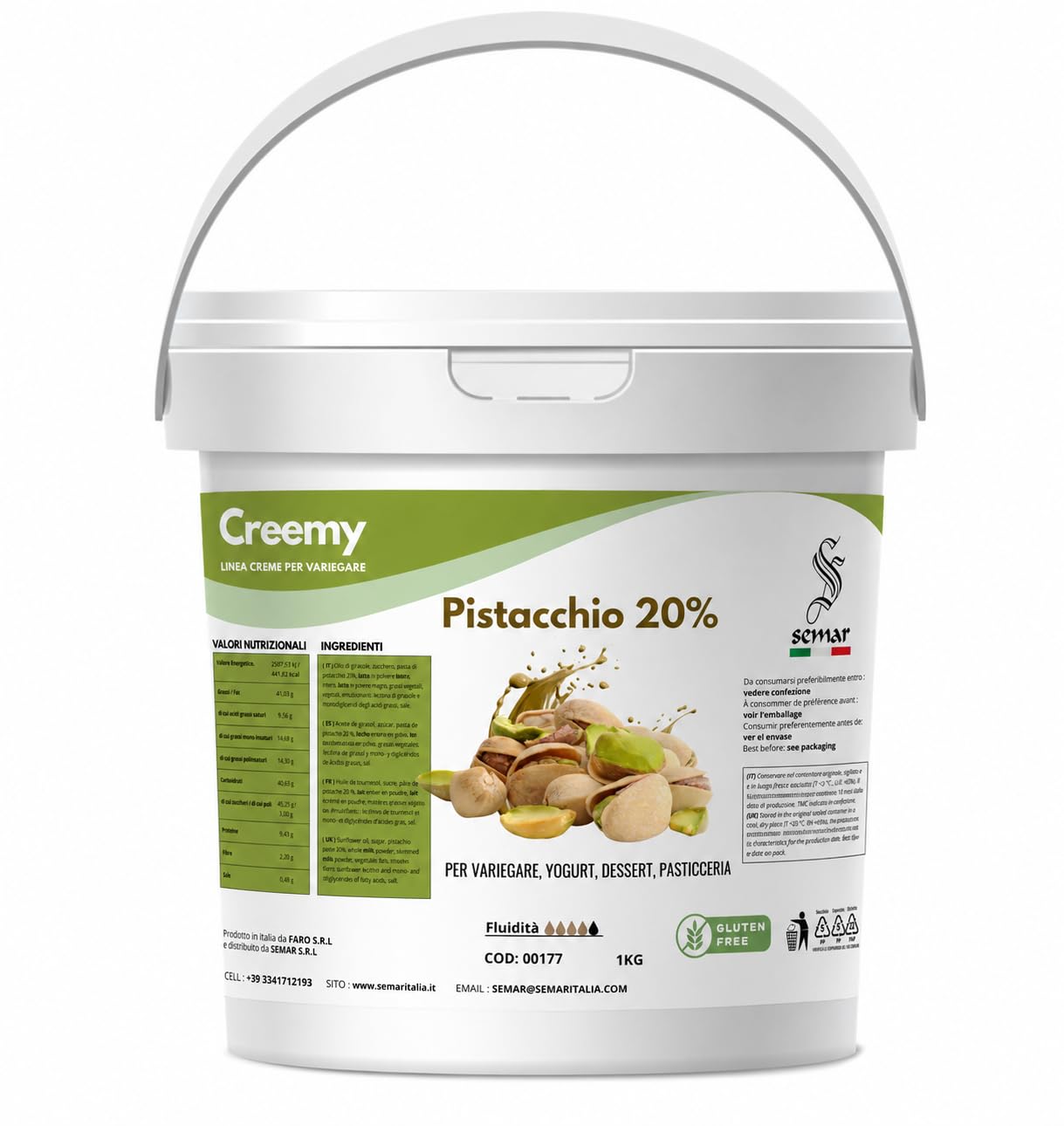 SEMAR® | Crema para untar de pistacho - MADE IN ITALY - 1KG ideal para uso particular y comercial (Sin Gluten)