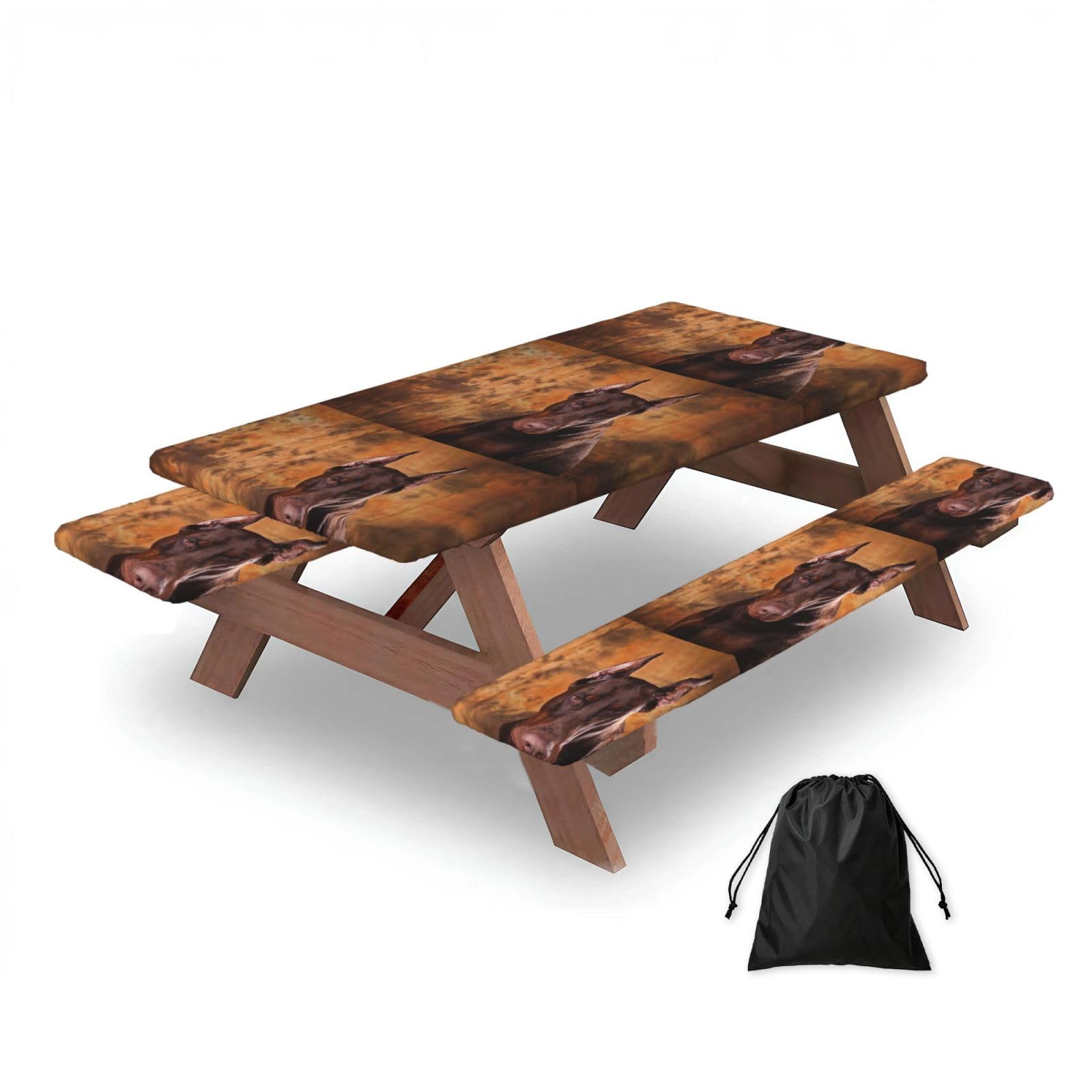 Dopklna As Picture Cool Doberman Pinscher Dog, Picnic Table Cover With Bench Covers -Waterproof Elastic Fitted Tablecloth For Garden Camping Patio 76X152cm