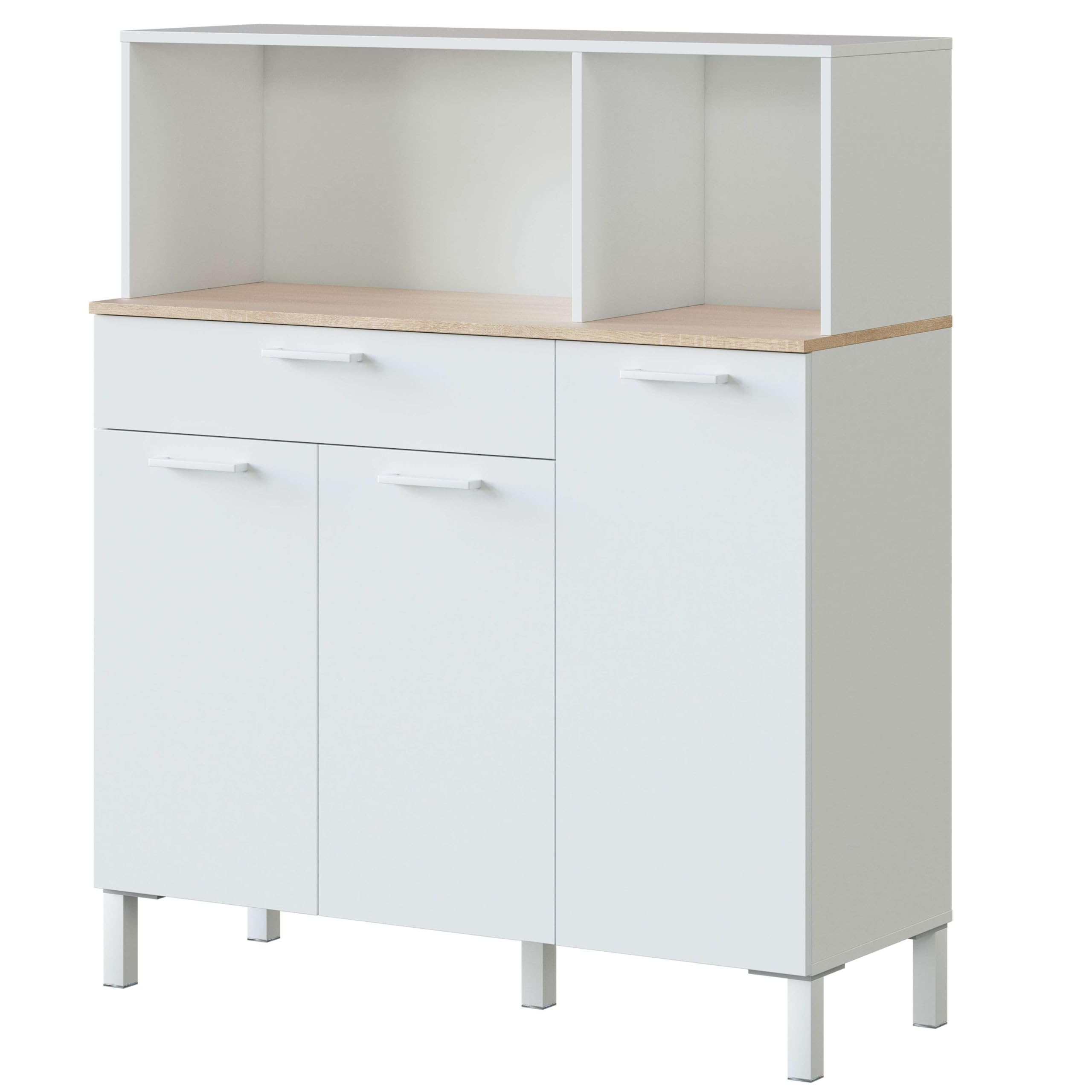 Habitdesign Alacena de Cocina, Aparador Comedor, Mueble Auxiliar 3 Puertas + 1 Cajon y Estante Interior, Color Blanco Artik y Roble Canadian, Medidas: 108 (Ancho) x 126 (Alto) x 40 (Fondo) En cm