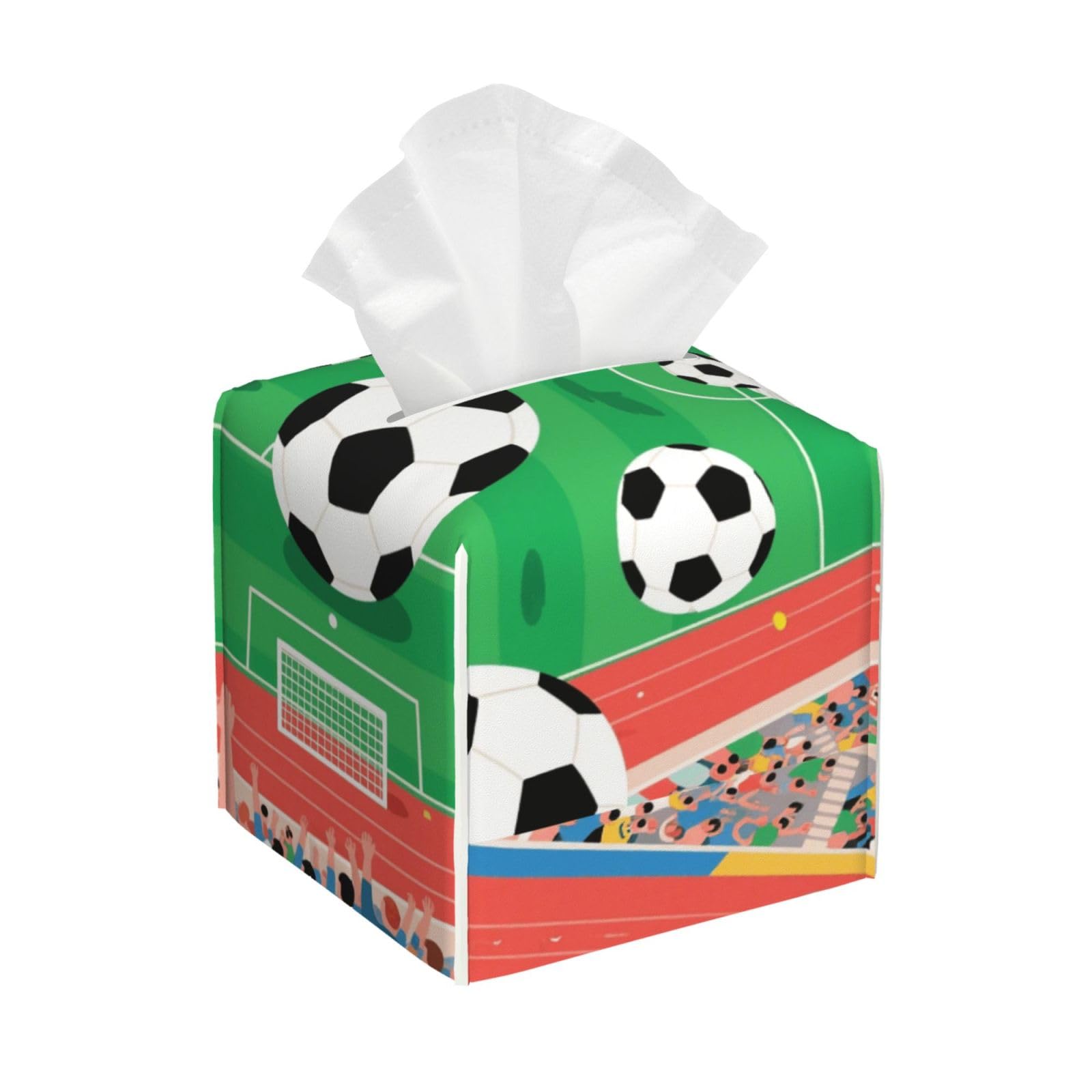 Pu Leather Cube Tissue Box Holders Modern Waterproof Square Tissue Box Cover Soccer Facial Paper Holder for Bathroom Kitchen Nightstand Office Home Decor
