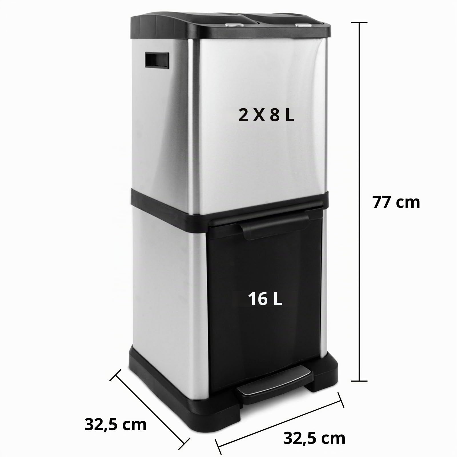 KARAT Pattumiera con 3 scomparti, 2 x 8 litri + 1 x 16 litri, secchio interno rimovibile con manico, apertura a pedale, sistema di raccolta differenziata, pattumiera per ufficio e cucina (James)