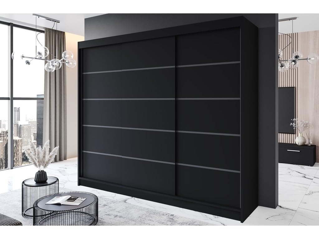 R7 250 cm Schwarz Schiebetüren Kleiderschrank 250x215x58 cm Schlafzimmermöbel, Aufbewahrung - Mehrzweckschrank - Farbe: Schwarz