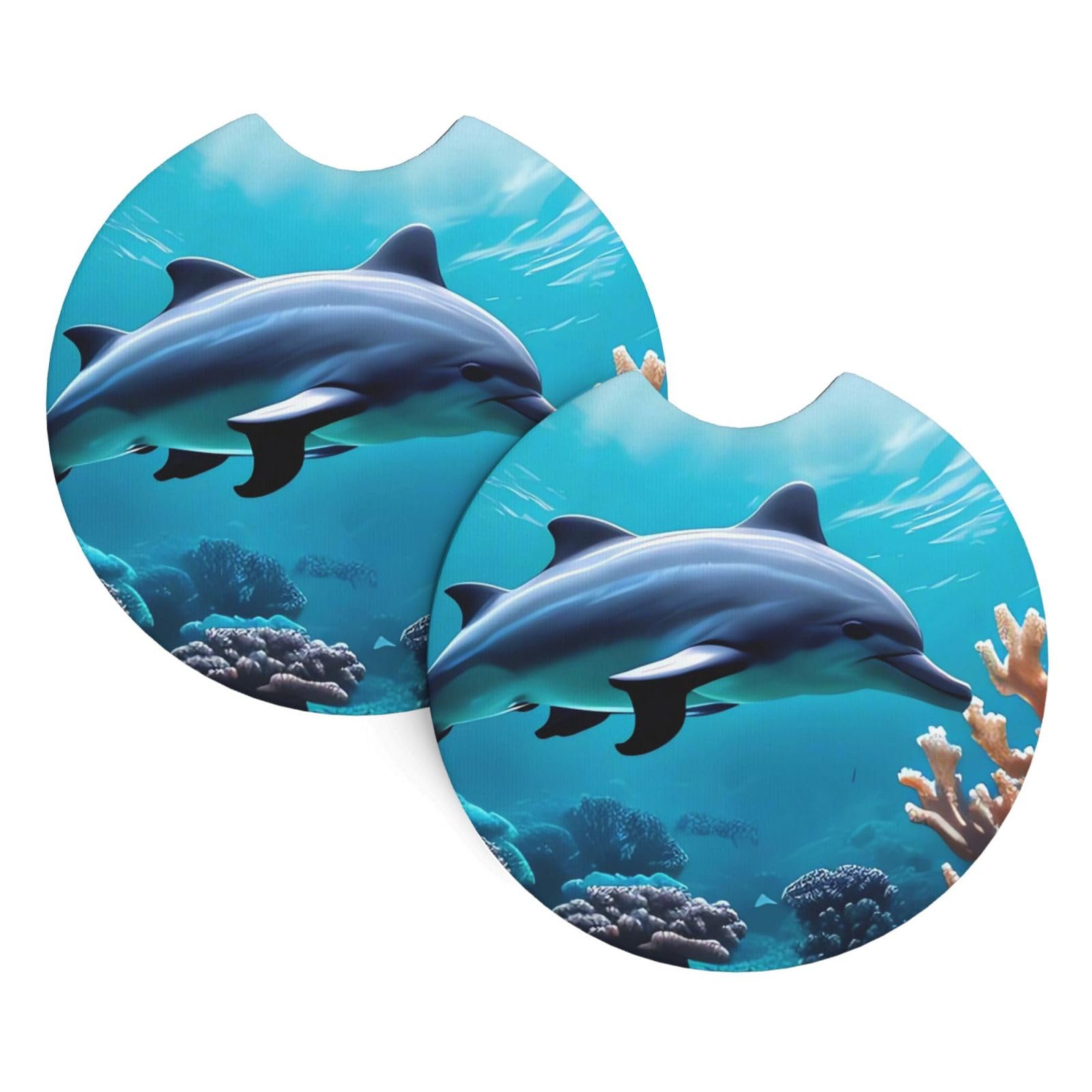 2 Pack Car Coaster for Cup Holders Beautiful Underwater World Dolphins Coral Car Cup Coaster 2.7" Neoprene Non-Slip Automotive Cup Mat Universal Auto Car Interior Accessories for Women Men Cup Pad