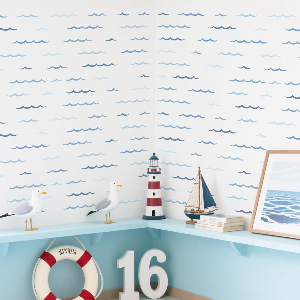SUPERDANT 4 Sheets Ocean Wave Wall Stickers Minimalist Sea Waves Wall Decals Curved Lines Art Decor Peel and Stick Vinyl Murals for Kids Baby Room Bedroom Bathroom Nursery Livingroom Decoration