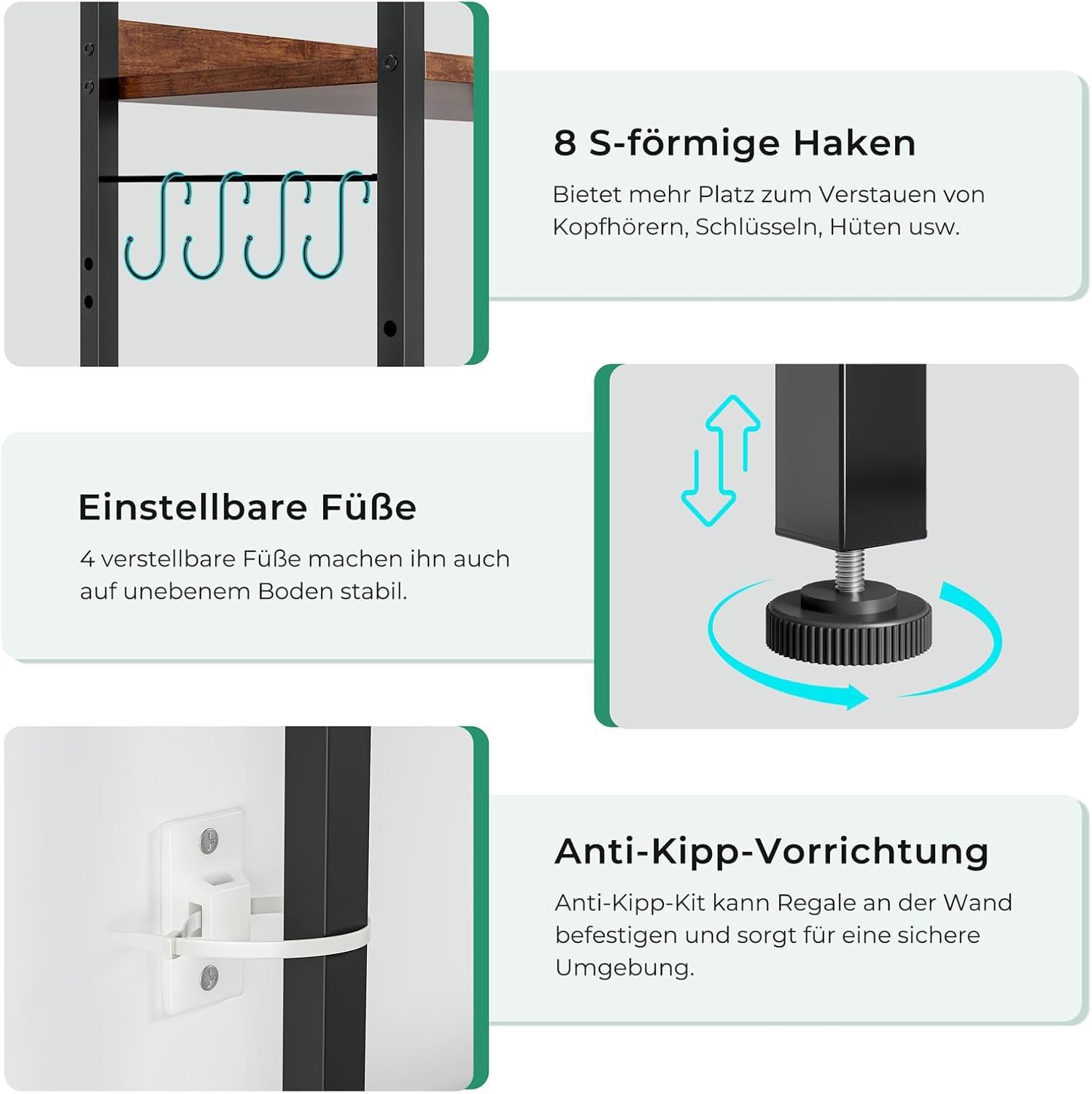 Dripex Küchenregal mit 5 Ebenen, Standregal mit Steckdose, Aufbewahrungsregale, Stahlrahmen, 8 S-Haken, freistehendes Bücherregal für Wohnzimmer, Schlafzimmer, Büro, 60x35x165cm, Vintagebraun+Schwarz