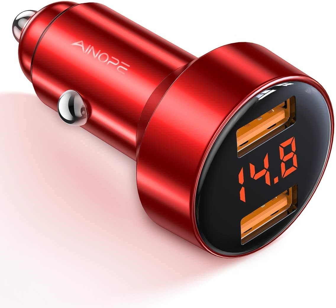 Car Charger Adapter, AINOPE Dual QC3.0 Port 6A/36W USB Car Charger All Metal Cigarette Lighter USB Charger Voltage Display Compatible with 11/11 pro/XR/X/XS/8, Galaxy Note 8/S9/S10+/S8 - Red