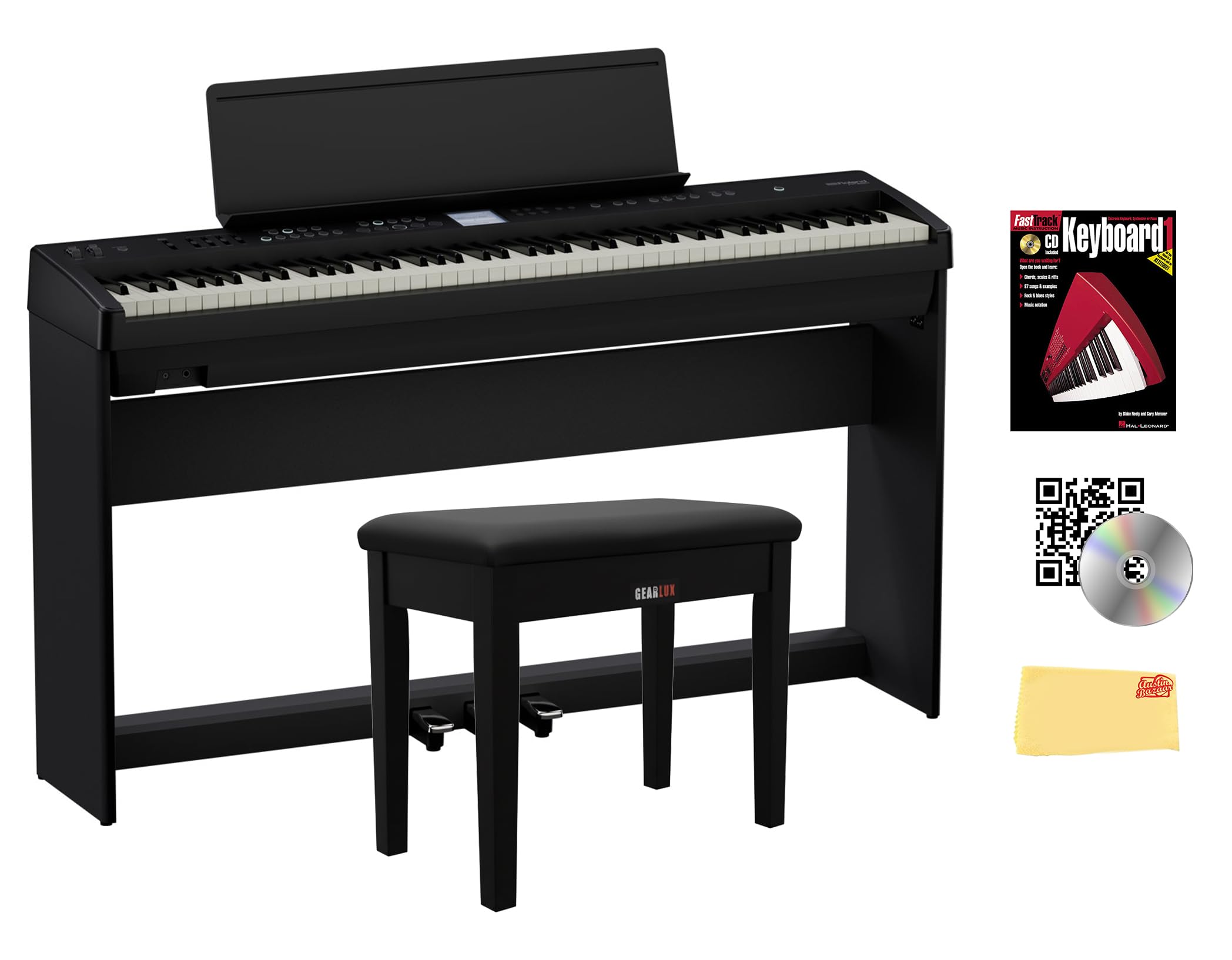 Roland FP-E50 88-Key Digital Piano - Black Bundle with KSFE-50 Stand, KPD-70 Three Pedal Unit, Bench, Piano Book, Online Lessons, Austin Bazaar Instructional DVD, and Polishing Cloth