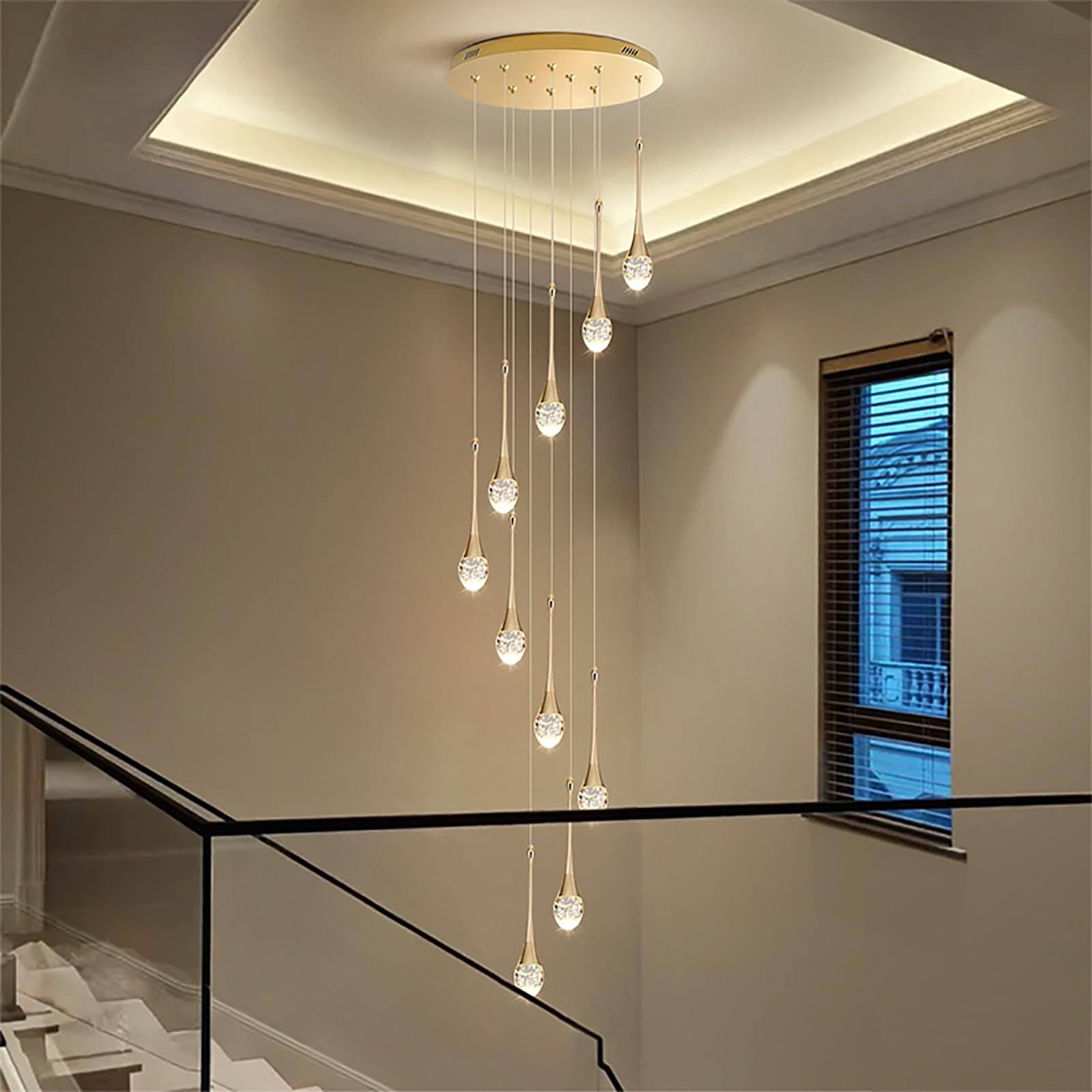 PCXEHUYP Raindrop Crystal High lights Staircase Chandelier with Remote Dimmable,Adjustable Height Long Pendant Ceiling Light Fixture for